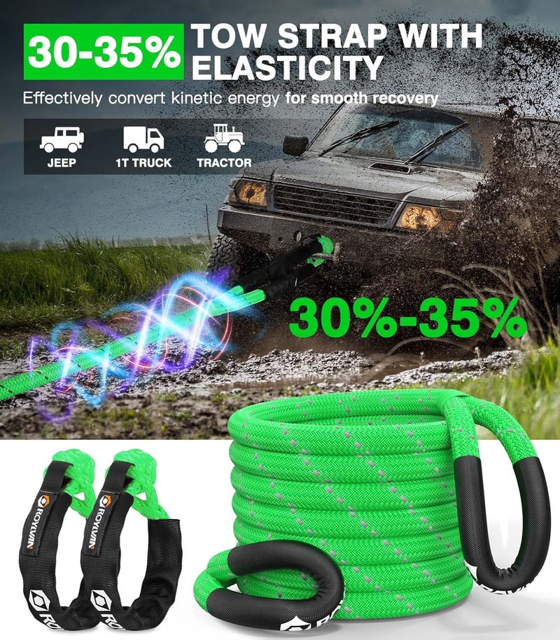 Roylvan 1" x 30ft Kinetic Recovery Tow Rope, 48800 LBS Nylon Tow Strap with 2 Soft Shackles 1/2" x 22", 30% Elasticity Heavy Duty Offroad Towing Straps Kit for Trucks, SUV, Tractor, Fluorescent Green - Image 3